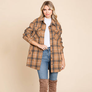 Plaid Flannel Collared Shacket Shirt Jacket: Black / Large 12-14