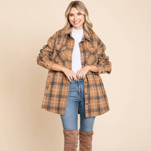 Plaid Flannel Collared Shacket Shirt Jacket: Black / Large 12-14