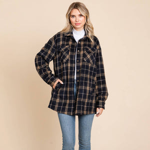 Plaid Flannel Collared Shacket Shirt Jacket: Black / Large 12-14