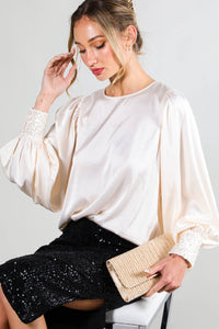 Sequin cuff detail satin blouse top VT81259: L / Blush