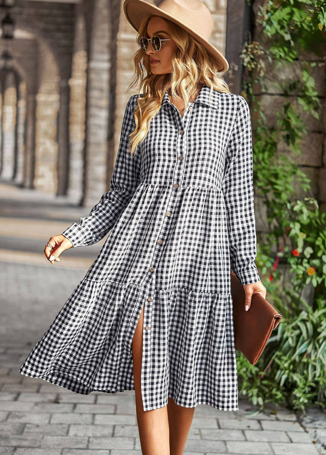 SZ25-DR13007 Gingham Print Long Sleeve Shirt Dress