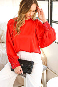Sequin cuff detail satin blouse top VT81259: L / Blush