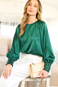 Sequin cuff detail satin blouse top VT81259: M / Blush