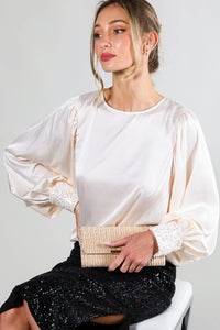 Sequin cuff detail satin blouse top VT81259: L / Blush