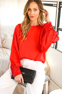 Sequin cuff detail satin blouse top VT81259: L / Blush