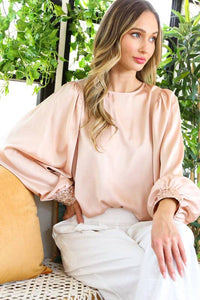 Sequin cuff detail satin blouse top VT81259: M / Blush